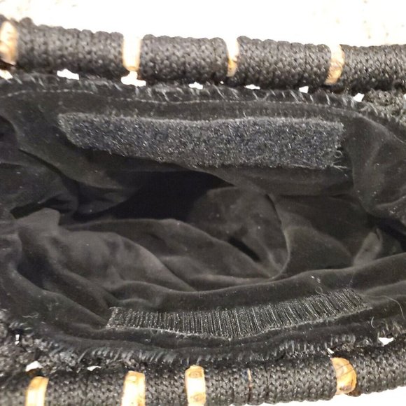 Vintage Boho Black Macrame Purse with Wood Beads & Rattan Handle - Picture 4 of 5